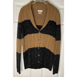 Van Heusen Womens Large Chunky Cardigan Sweater Black Brown Stripes V Neck Fall